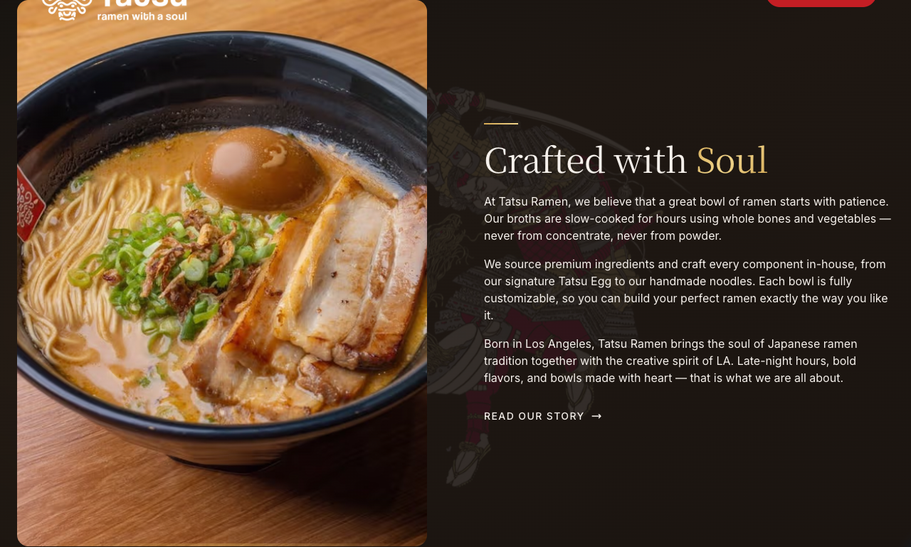 Tatsu Ramen homepage mid-section with moody photography and story-led brand content