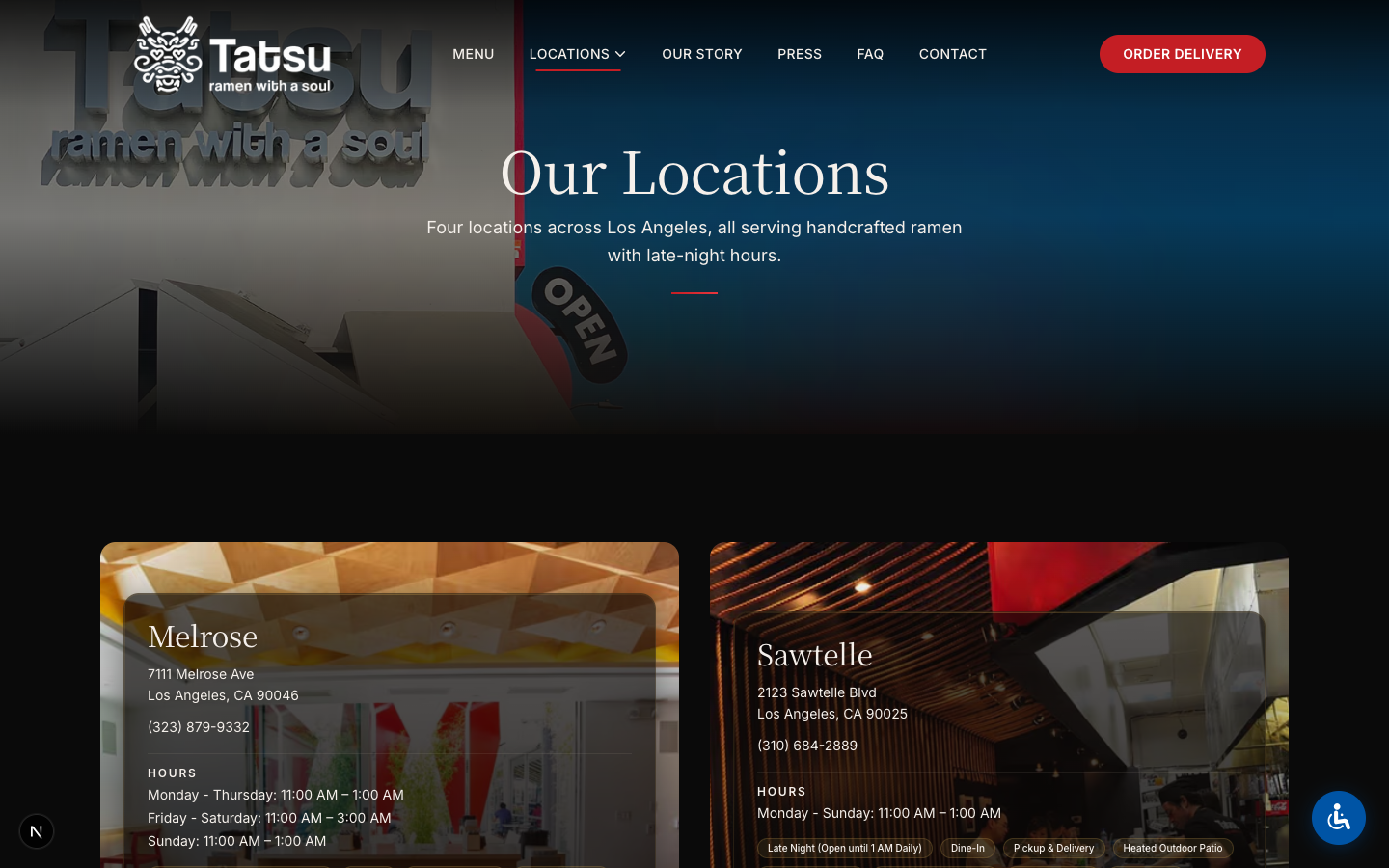 Tatsu Ramen locations page with map and restaurant locations