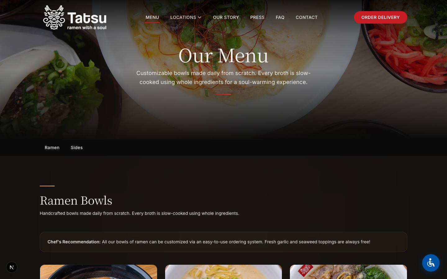Tatsu Ramen menu page with food photography and categorized items
