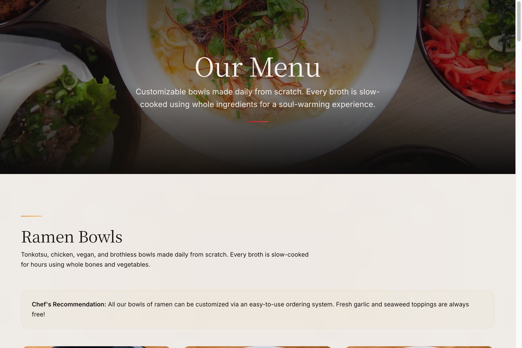Tatsu Ramen menu page with the Our Menu hero, ramen bowls grid, and chef notes