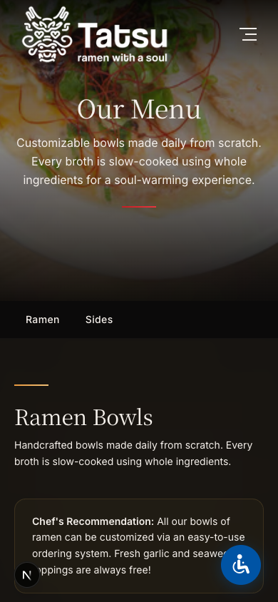 Tatsu Ramen mobile menu browsing experience
