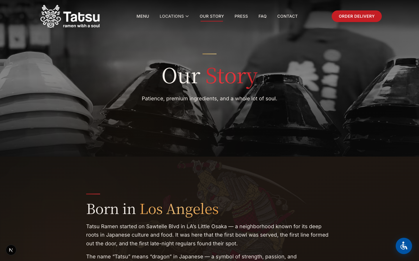 Tatsu Ramen story page with brand photography and editorial layout