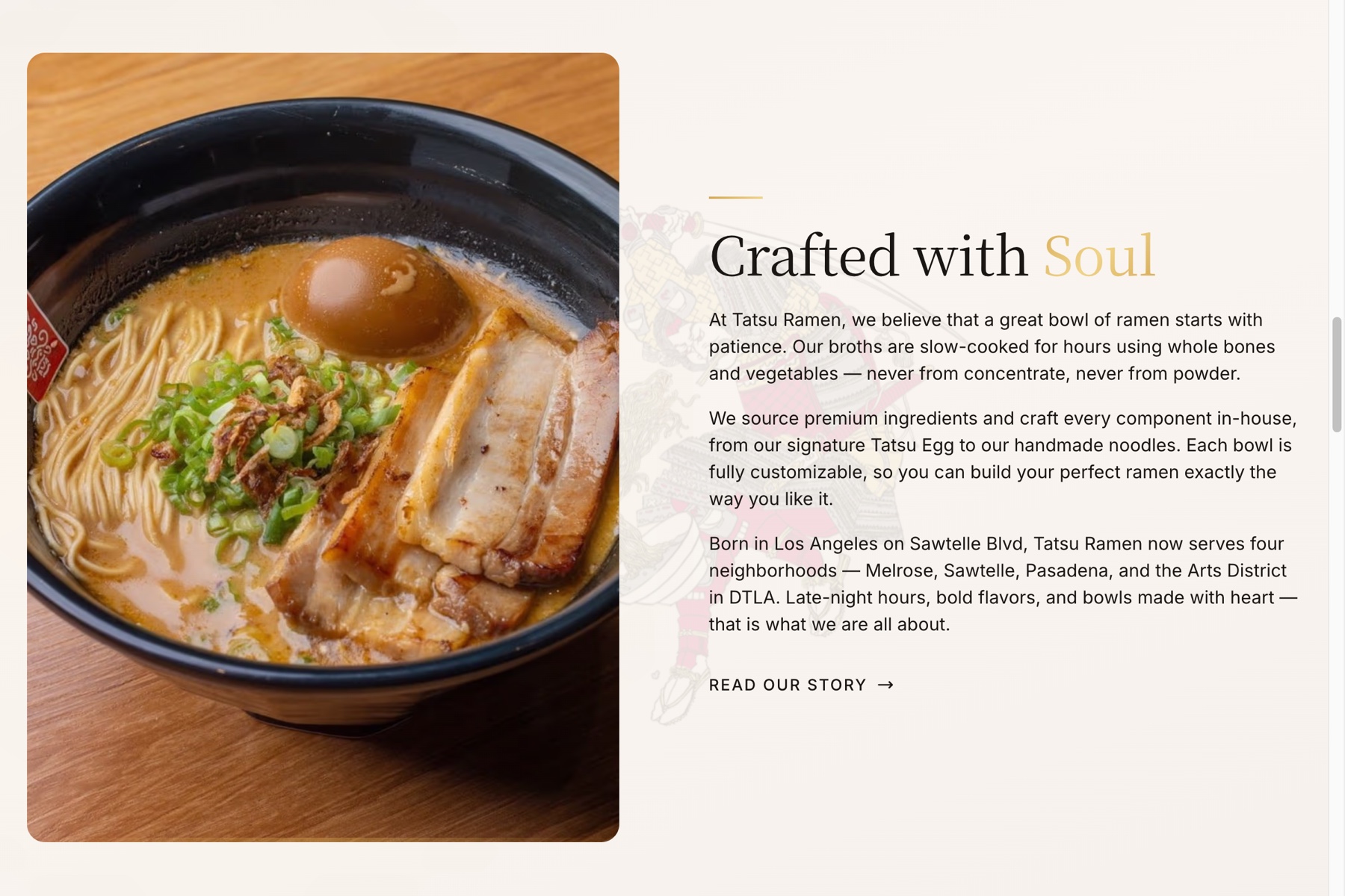 Tatsu Ramen story section with a hero ramen bowl photo and the Crafted with Soul brand narrative